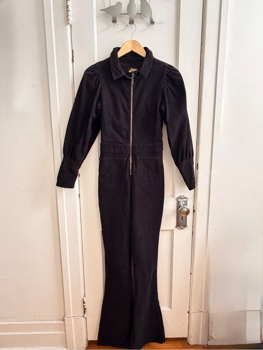 Black Retro-looking Long-Sleeve Zip-Front Corduroy Jumpsuit